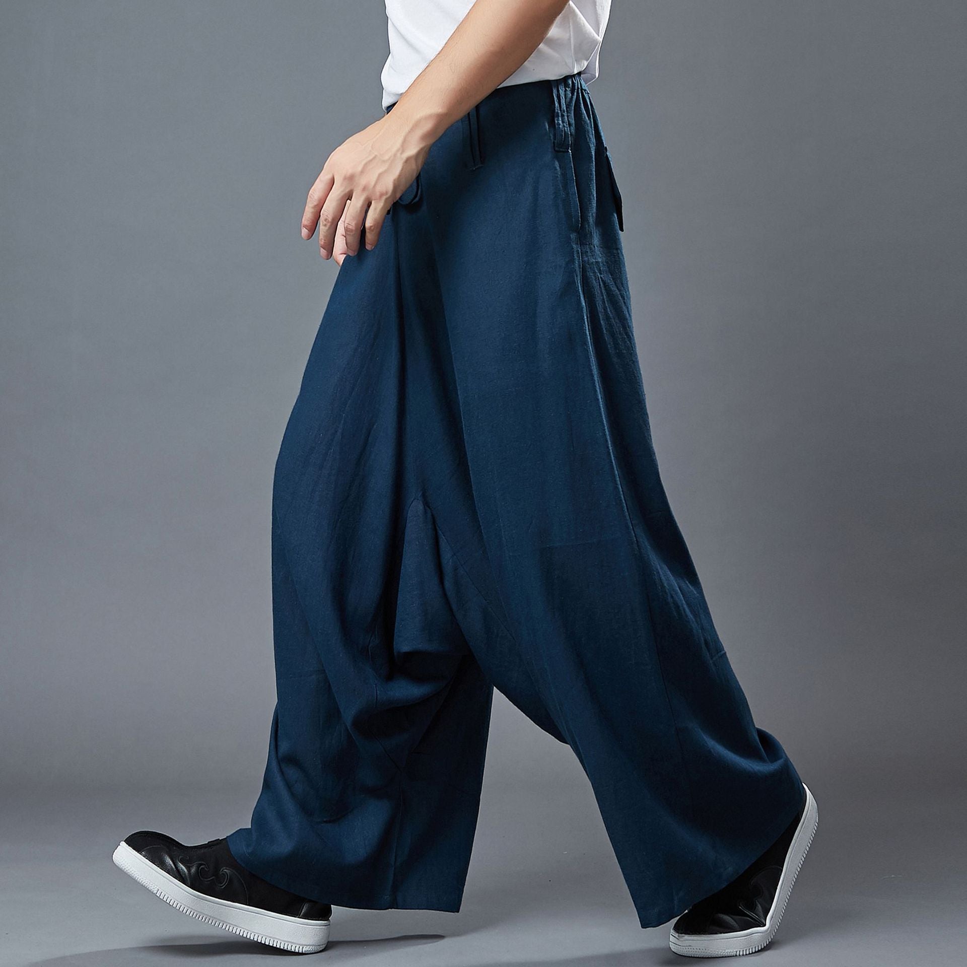 Men's Linen Casual Pants Wide Leg Crotch Pants