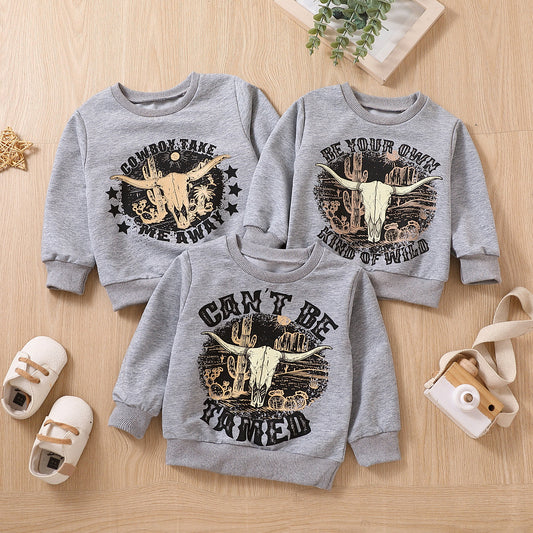 Grey Printed Letter Cow Head Children's Sweater