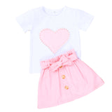 European And American Summer Children's Clothing New Girl Pearl Love White Short Sleeve + bow Skirt Baby Skirt Set