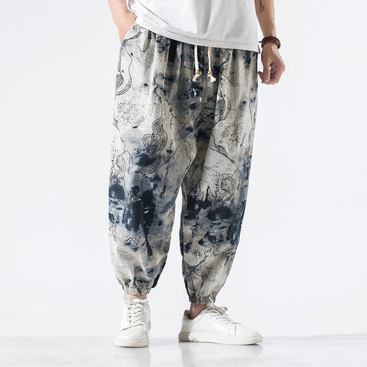 Chinese Style Cotton Linen Nine Point Loose Large Size Casual Pants