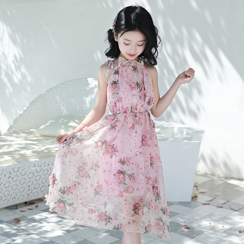 Girls dress floral suspenders skirt