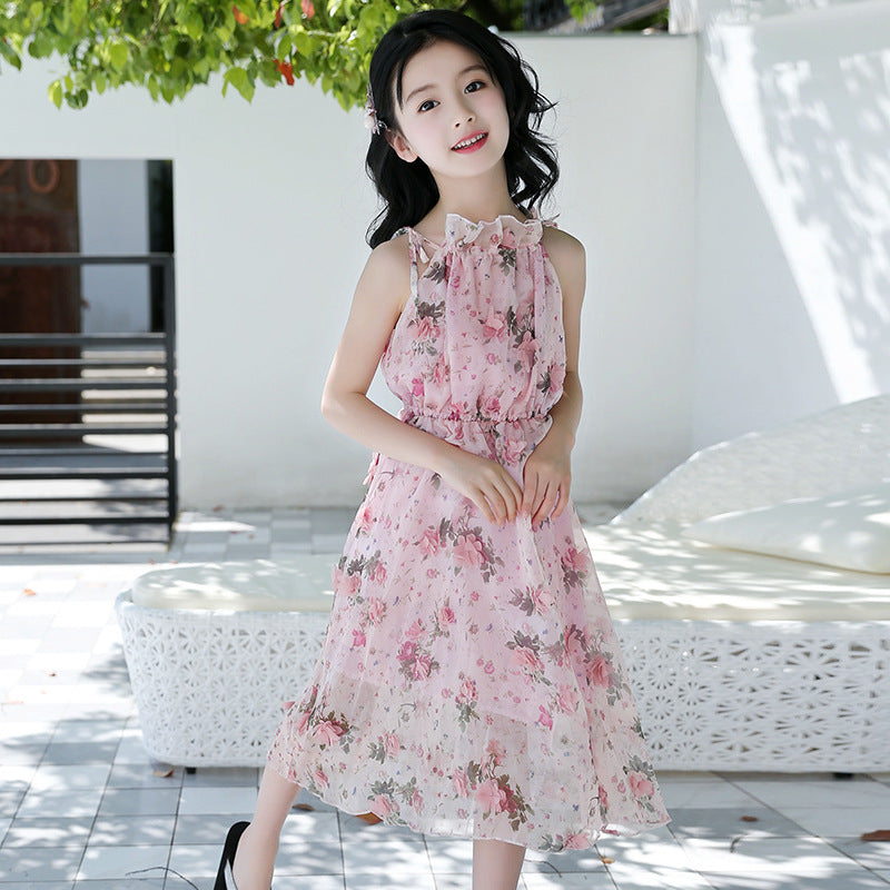 Girls dress floral suspenders skirt