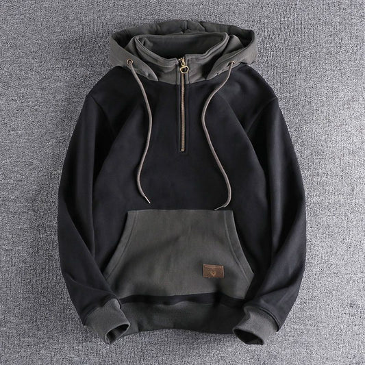 Trendy Autumn And Winter Fleece-lined Thickened Hooded Sweatshirt Men's Retro Trendy Contrast Color New Youth Stand Collar