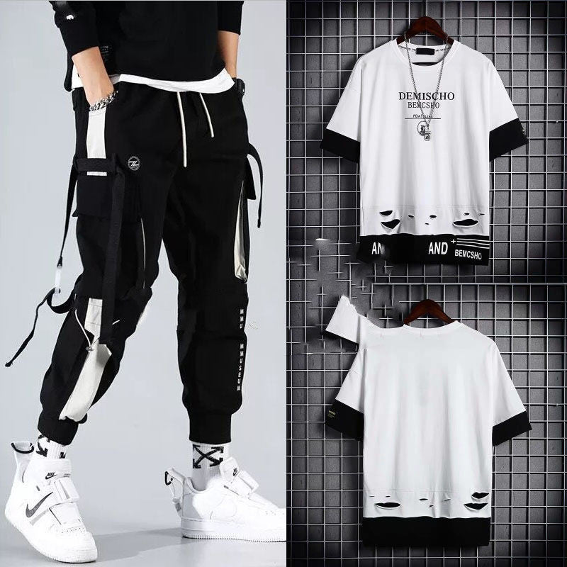 Two-piece Summer Men's Loose Hip-hop Overalls With Hood