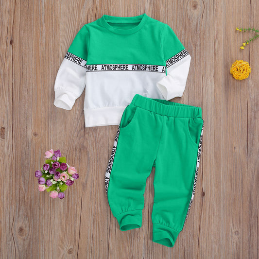 Boys Clothes Suit Long-sleeved Letter Personality Round Solid Color Stretch Trousers