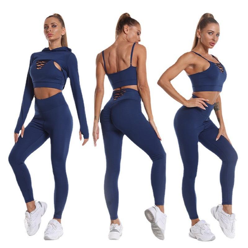 3pcs Sports Suits Long Sleeve Hooded Top Hollow Design Camisole And Butt Lifting High Waist Seamless Fitness Leggings Sports Gym Outfits Clothing - AL MONI EXPRESS