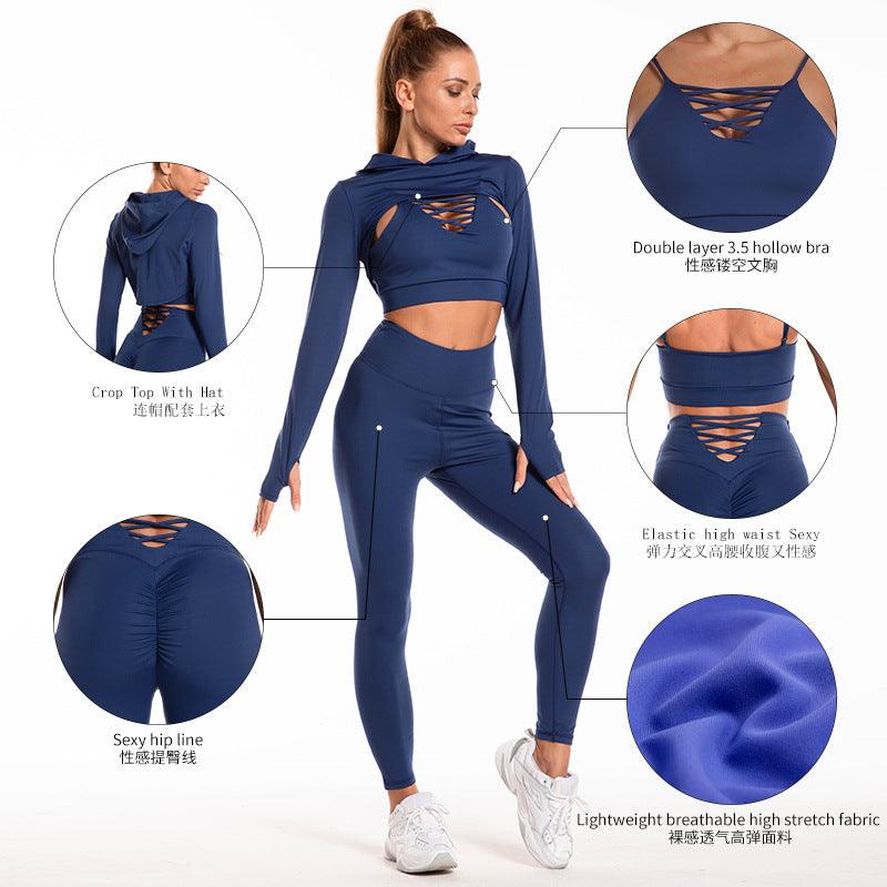 3pcs Sports Suits Long Sleeve Hooded Top Hollow Design Camisole And Butt Lifting High Waist Seamless Fitness Leggings Sports Gym Outfits Clothing - AL MONI EXPRESS