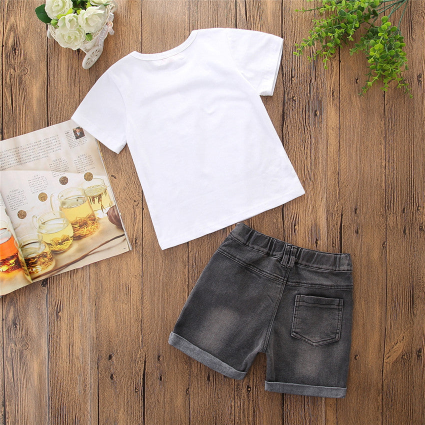 Boys' Short Sleeve Letter Denim Shorts Two-Piece Set