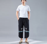 Chinese style retro double crane pants men's literary personality pants male