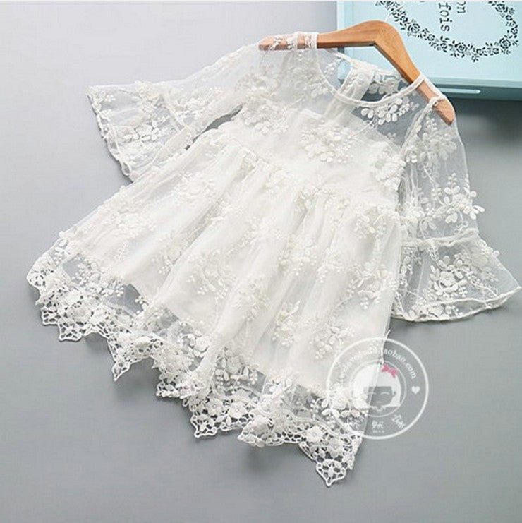 new version of Korean foreign trade children's clothing, children's princess skirt, lace trumpet sleeve embroidery, soft skirt, girl dress