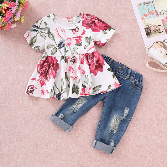 Rose flower top denim ripped trousers two-piece suit