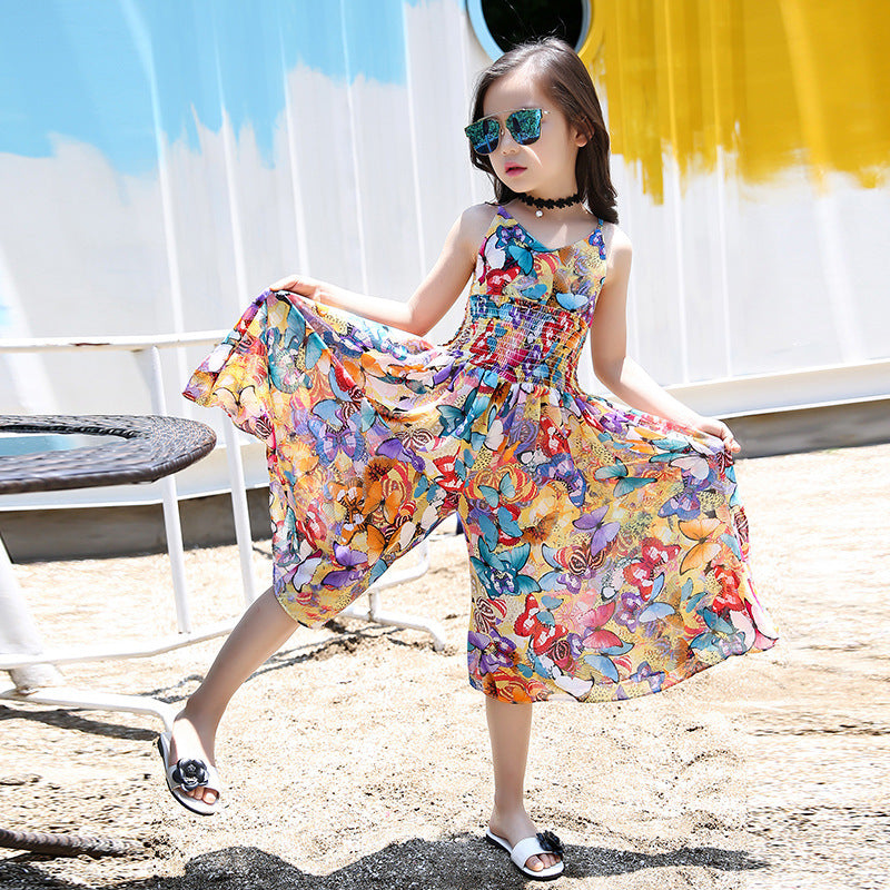 Girls' summer floral print wide-leg pants