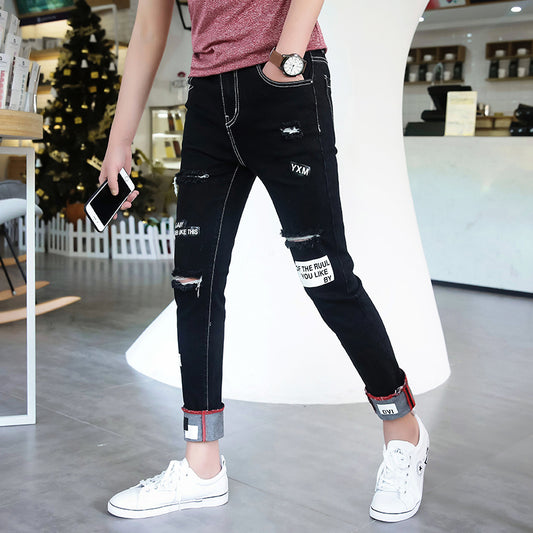 Autumn black ripped ankle jeans men