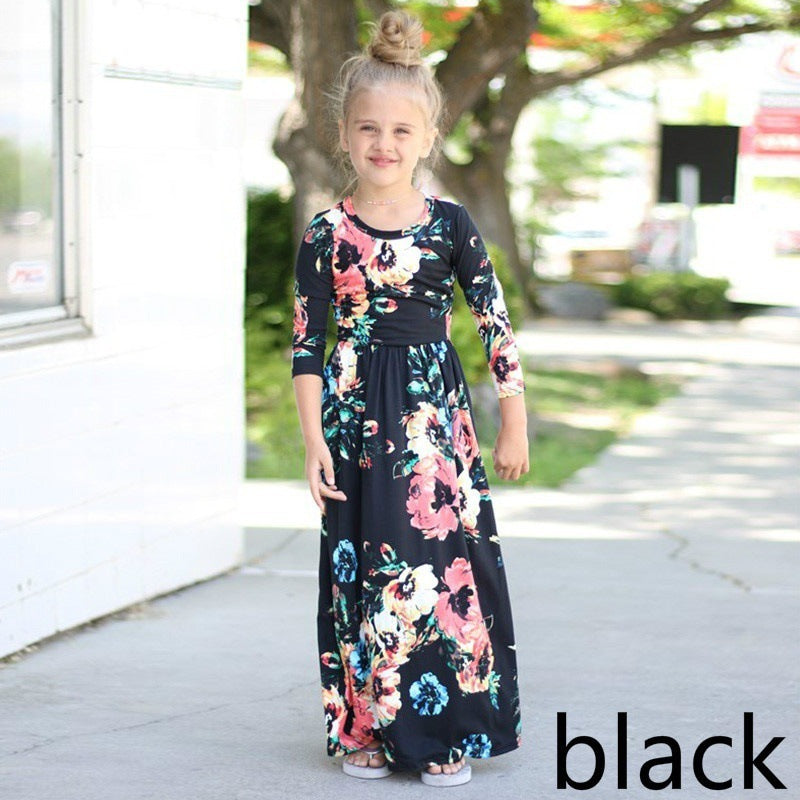 Amazon children's dresses Europe and the United States round neck print girls long skirt eBay AliExpress girls explosion models