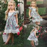 Girls' European And American Summer Flying Sleeve Off-shoulder Broken Flowers Print Lace Dress Children's Clothing Ins