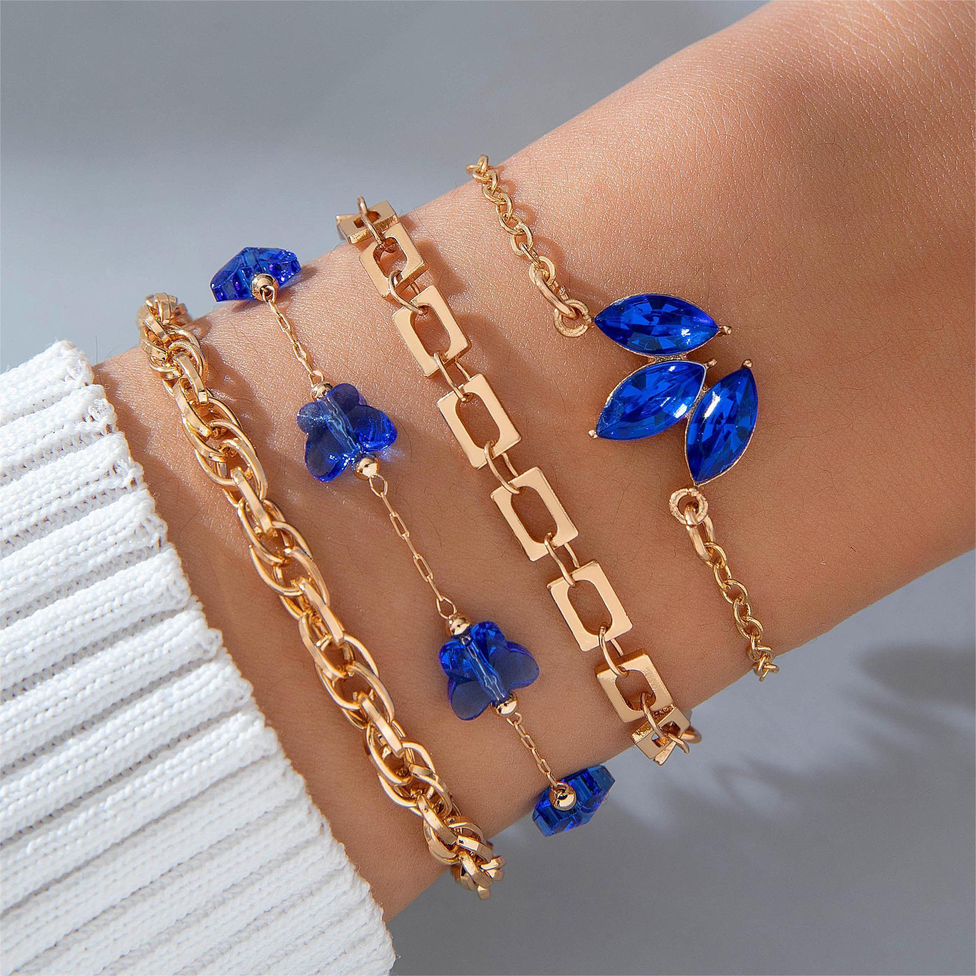 4pcs Blue Flower Love Butterfly Bracelet Set With Rhinestones Design Valentines Day - AL MONI EXPRESS