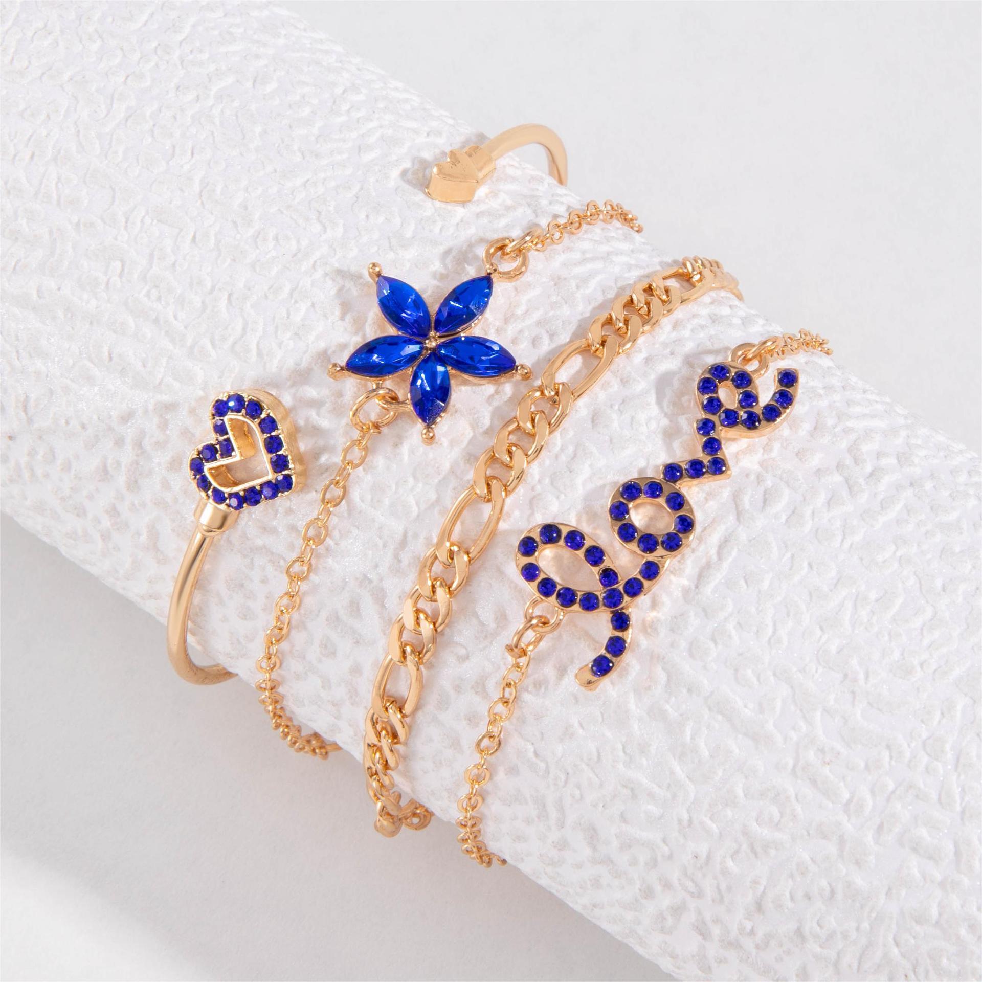 4pcs Blue Flower Love Butterfly Bracelet Set With Rhinestones Design Valentines Day - AL MONI EXPRESS