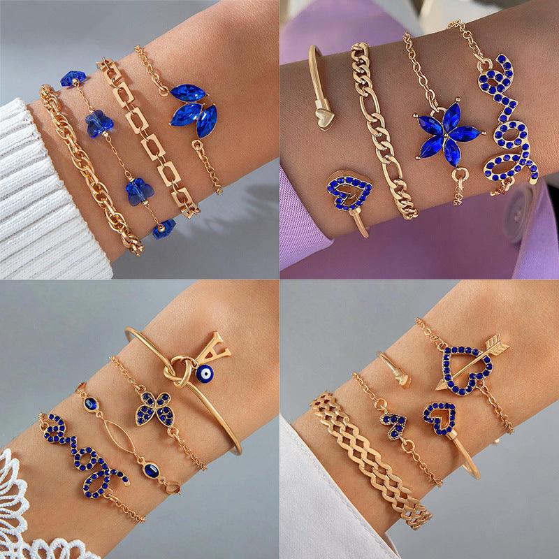 4pcs Blue Flower Love Butterfly Bracelet Set With Rhinestones Design Valentines Day - AL MONI EXPRESS