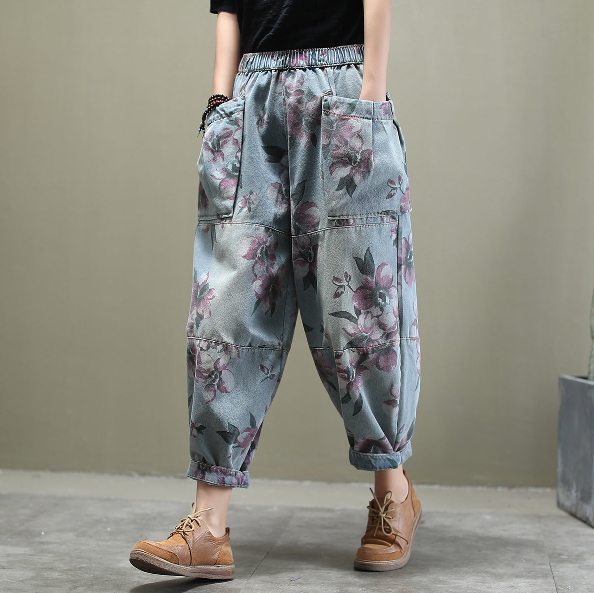 Loose all-match printed washed cotton jeans