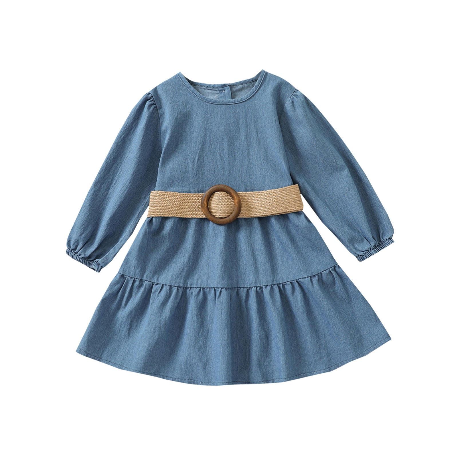 Long Sleeve Denim Princess Dress With Belt