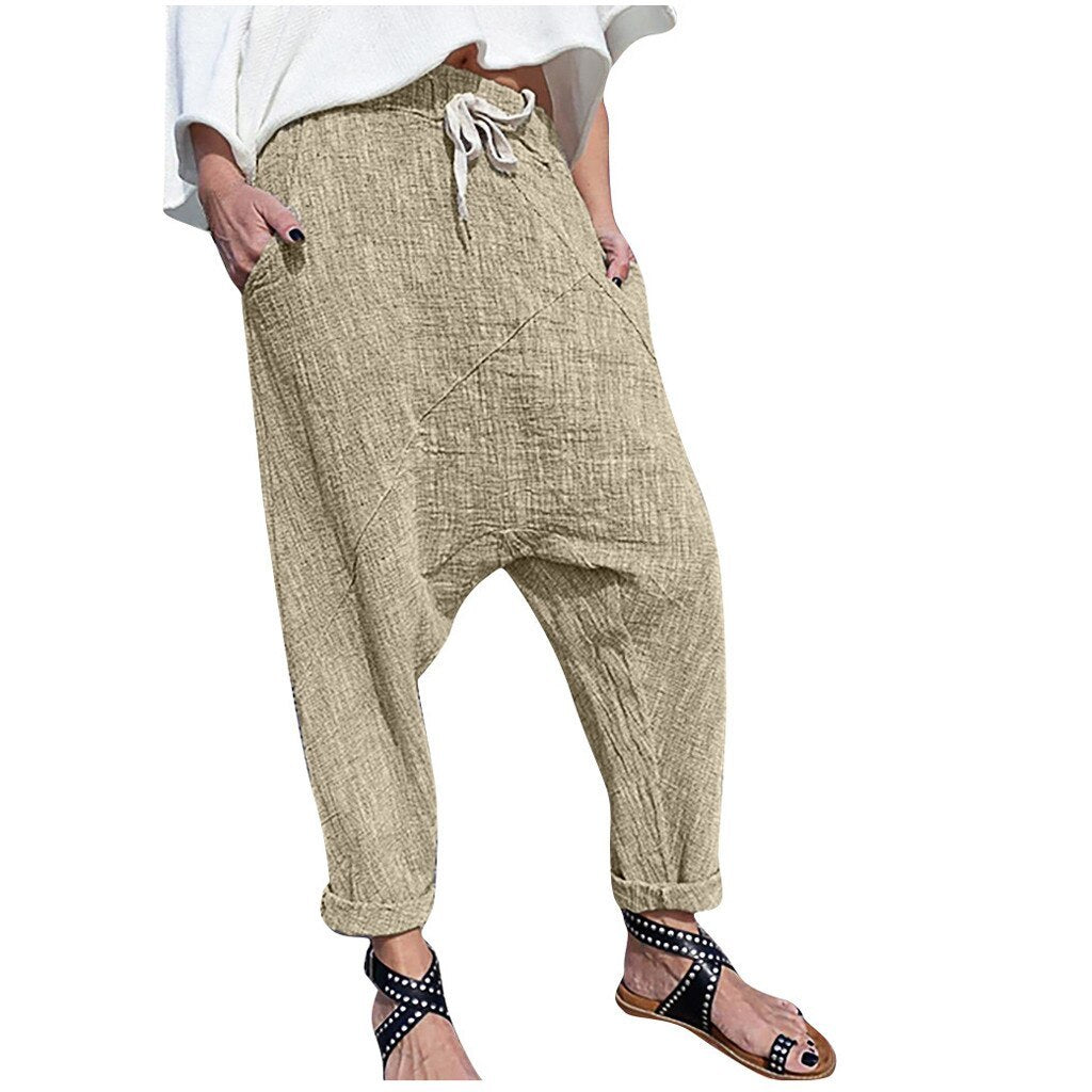 Women's Plus Size Pocket Cotton And Linen Wide-Leg Pants