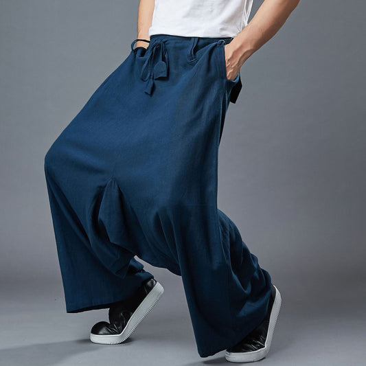 Men's Linen Casual Pants Wide Leg Crotch Pants