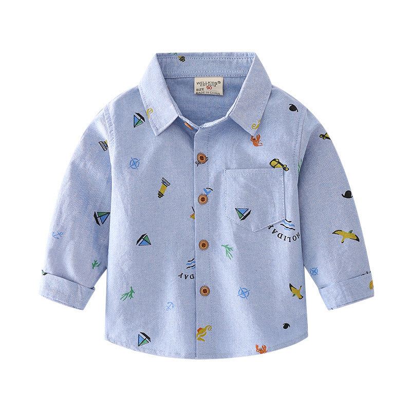 Boys Long Sleeve Lapel Shirt Cartoon Print Casual Shirt Kids Cool Long Sleeve Shirt