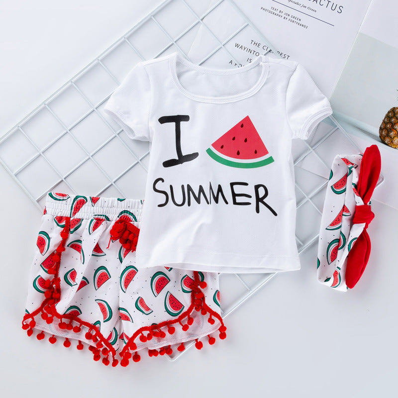 Summer Baby Girl Beach Short-sleeved T-shirt Shorts Hairband Set