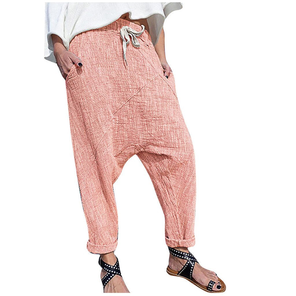 Women's Plus Size Pocket Cotton And Linen Wide-Leg Pants