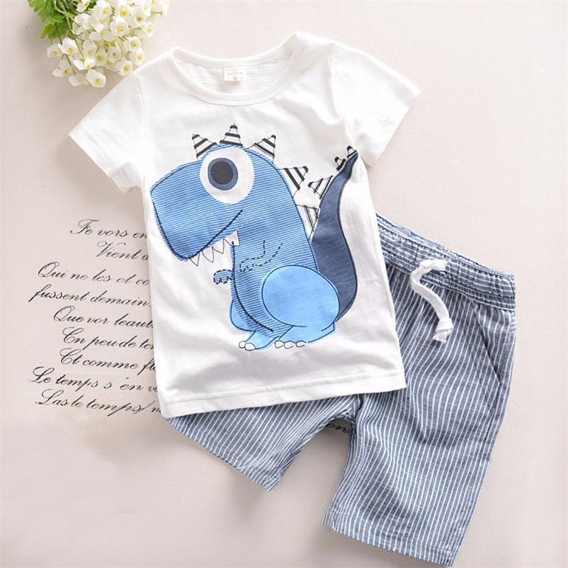 Boy Cartoon Dinosaur Short Sleeve Stripe Shorts Set