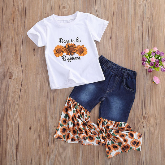 Kids Short Sleeve T-Shirt Denim Torch Sunflower Print Set