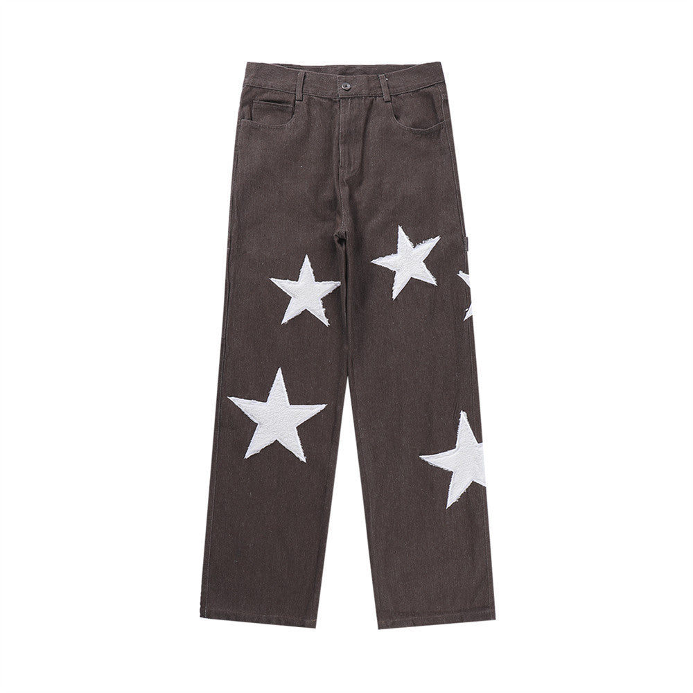 Five Pointed Star Flocking Embroidered Jeans For Men