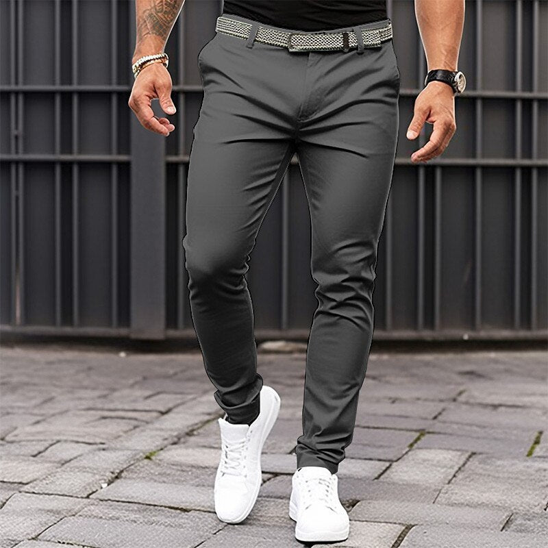 Men's Pure Color Tight Pocket Zipper Business Casual Slim-fitting Trousers