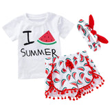 Summer Baby Girl Beach Short-sleeved T-shirt Shorts Hairband Set