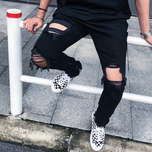 High Street Style Black Torn Jeans For Men