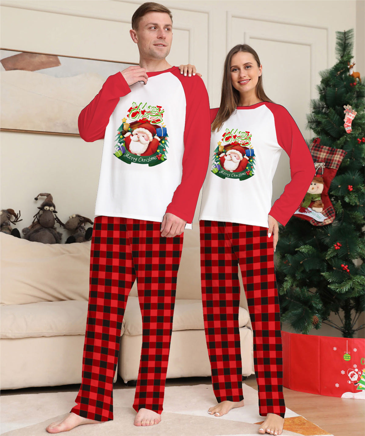 Christmas Parent-Child Clothes Set Long Sleeve T-Shirt Plaid Pants Family Matching Pajamas