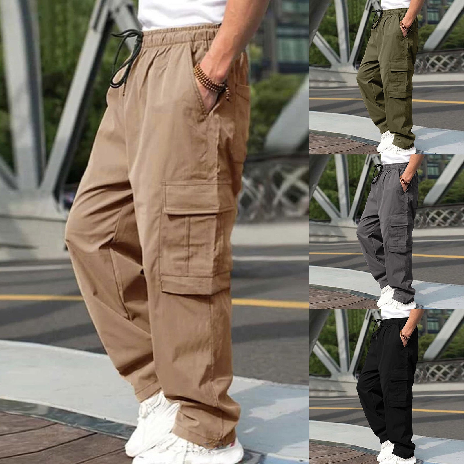 Casual Cargo Pants For Men Loose Straight Drawstring Waist Trousers With Pockets