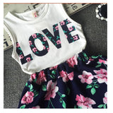 Girls Alphabet Flower Sleeveless Vest  Floral Short Skirt 2-Piece Set