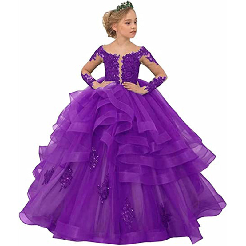 Girls' Long-sleeved Lace Performance Birthday Princess Pettiskirt Tiered-Ruffle Long Dress