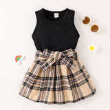 Solid Color Tank Top Plaid Skirt Girls Suit