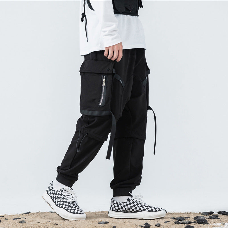 Overalls Men's Spring And Autumn Dark Black Functional Wind Pants Webbing Drawstring Trousers