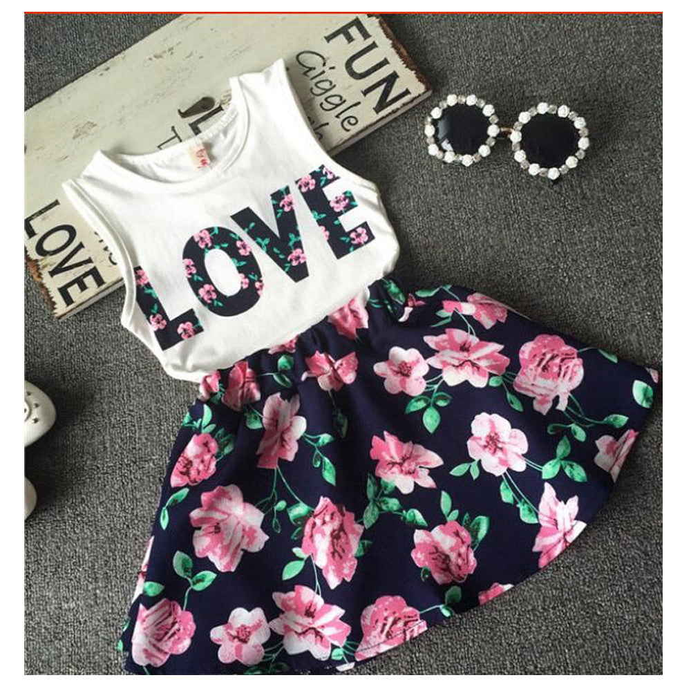 Girls Alphabet Flower Sleeveless Vest  Floral Short Skirt 2-Piece Set