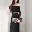 Women's Winter Sexy Off-the-shoulder Pleated Long Sleeve Polyester Dress