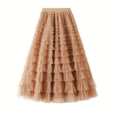 A-Line Mesh Ruffle Skirt Women's Temperament Sweet Long Skirt Slim Cupcake Dress Womens Clothing - AL MONI EXPRESS