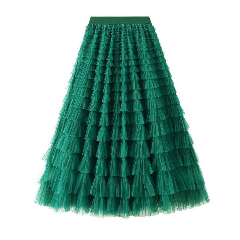 A-Line Mesh Ruffle Skirt Women's Temperament Sweet Long Skirt Slim Cupcake Dress Womens Clothing - AL MONI EXPRESS