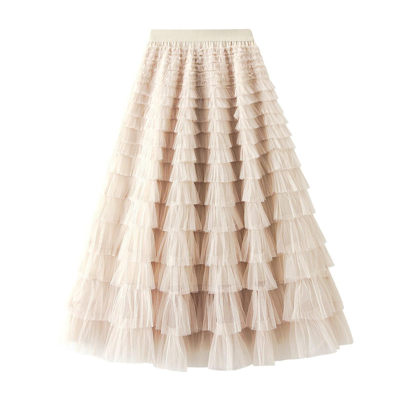 A-Line Mesh Ruffle Skirt Women's Temperament Sweet Long Skirt Slim Cupcake Dress Womens Clothing - AL MONI EXPRESS