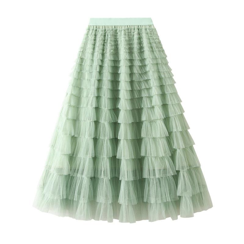 A-Line Mesh Ruffle Skirt Women's Temperament Sweet Long Skirt Slim Cupcake Dress Womens Clothing - AL MONI EXPRESS