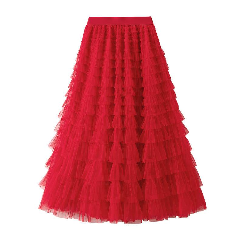 A-Line Mesh Ruffle Skirt Women's Temperament Sweet Long Skirt Slim Cupcake Dress Womens Clothing - AL MONI EXPRESS