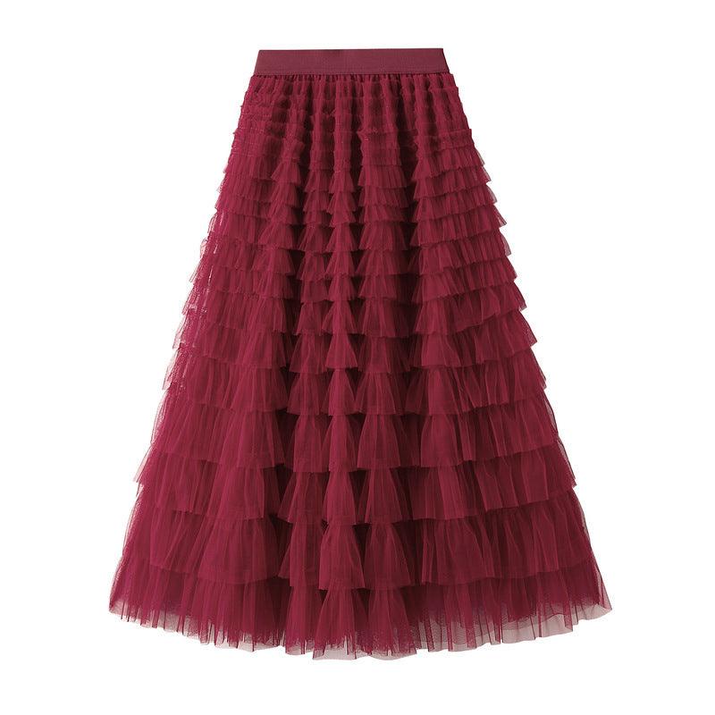 A-Line Mesh Ruffle Skirt Women's Temperament Sweet Long Skirt Slim Cupcake Dress Womens Clothing - AL MONI EXPRESS