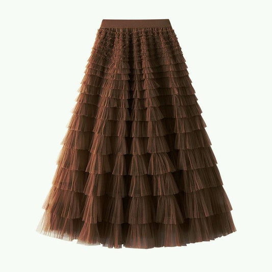 A-Line Mesh Ruffle Skirt Women's Temperament Sweet Long Skirt Slim Cupcake Dress Womens Clothing - AL MONI EXPRESS